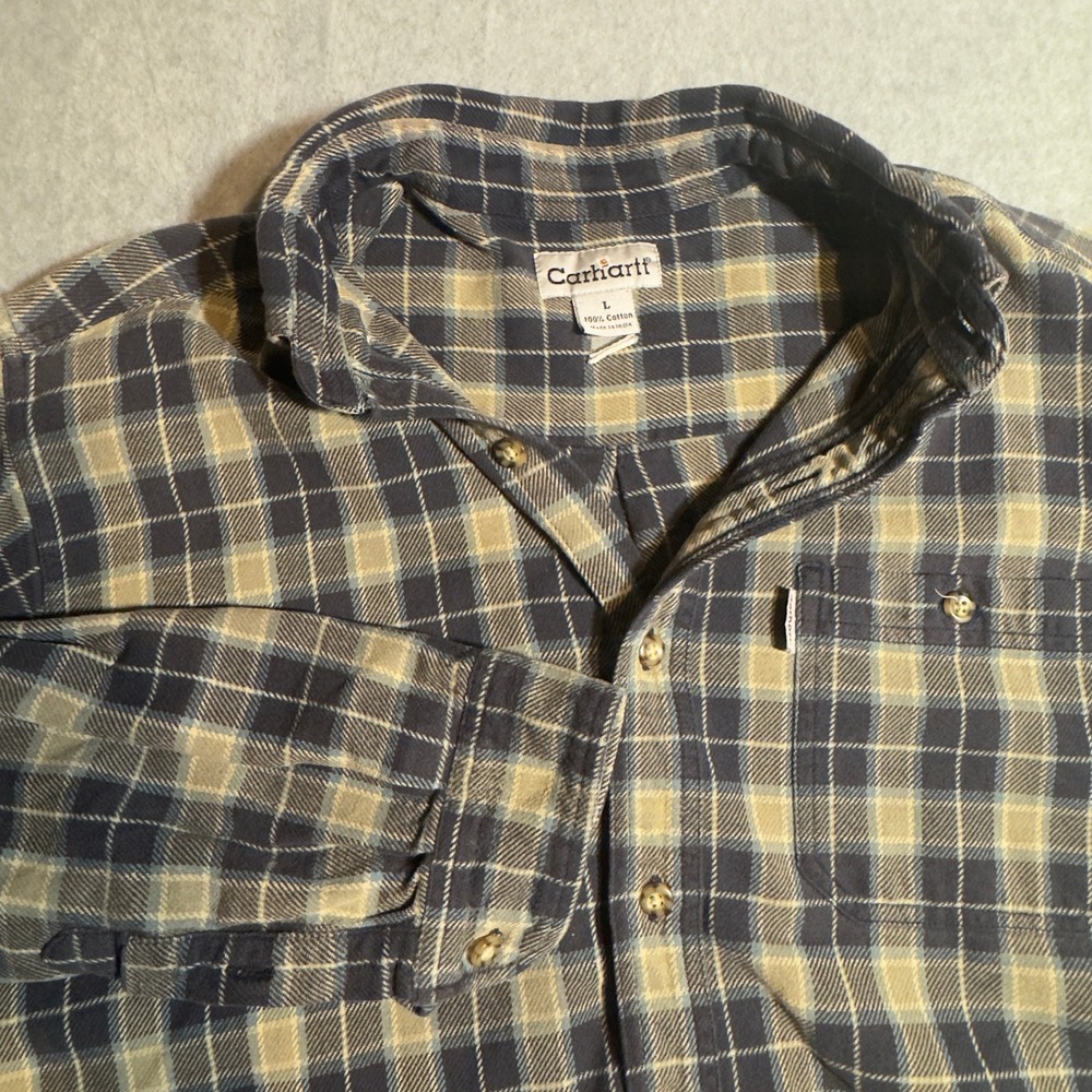 Carhartt Mens Large Blue Tan Plaid Flannel Button Down Work Shirt L 100% Cotton